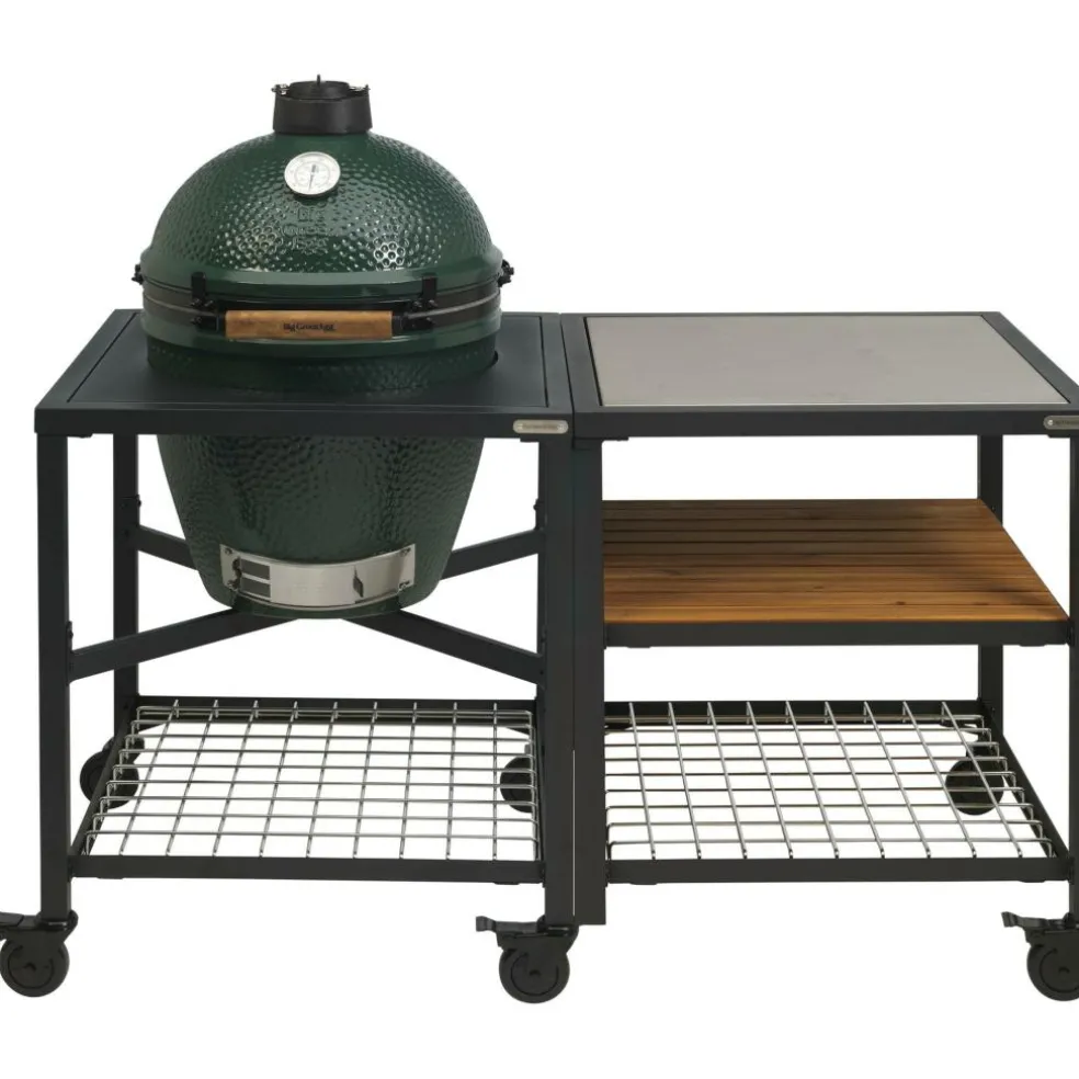 Big Green Egg Medium houtskoolbarbecue met frame en uitbreidingsframe SS wood grid